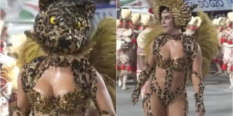 Paolla Oliveira chama atenção no Carnaval do Rio ao ‘virar onça’ na avenida; assista