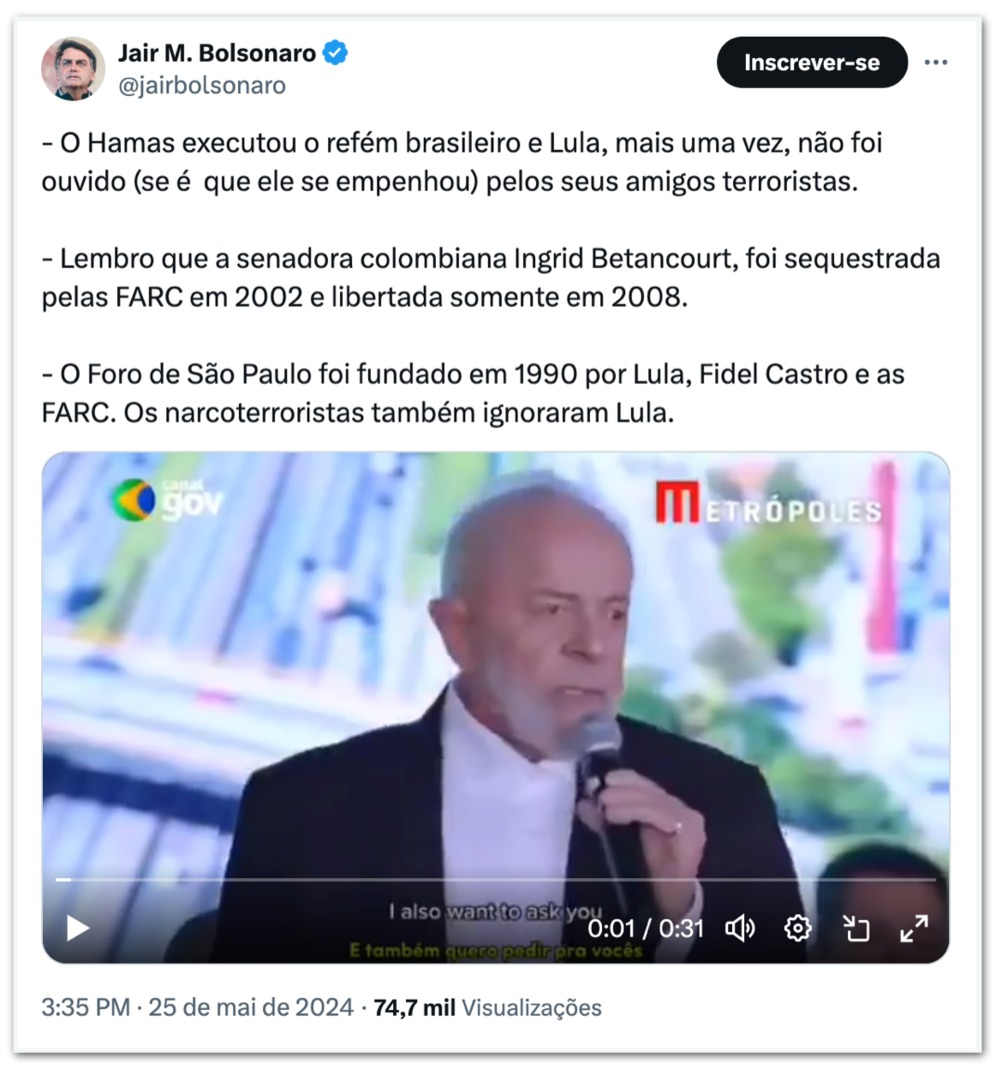 “Lula não foi ouvido pelos seus amigos terroristas”, diz Bolsonaro