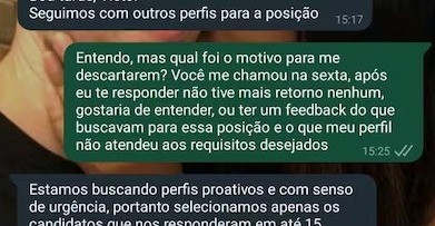 Profissional perde vaga em seleção por não responder mensagem de WhatsApp em 15 minutos