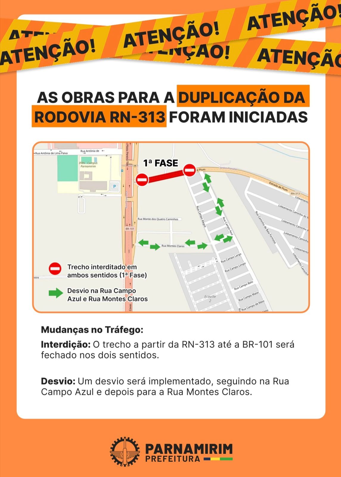 Prefeitura de Parnamirim interditará trecho da RN-313 para obra de duplicação na segunda (22)