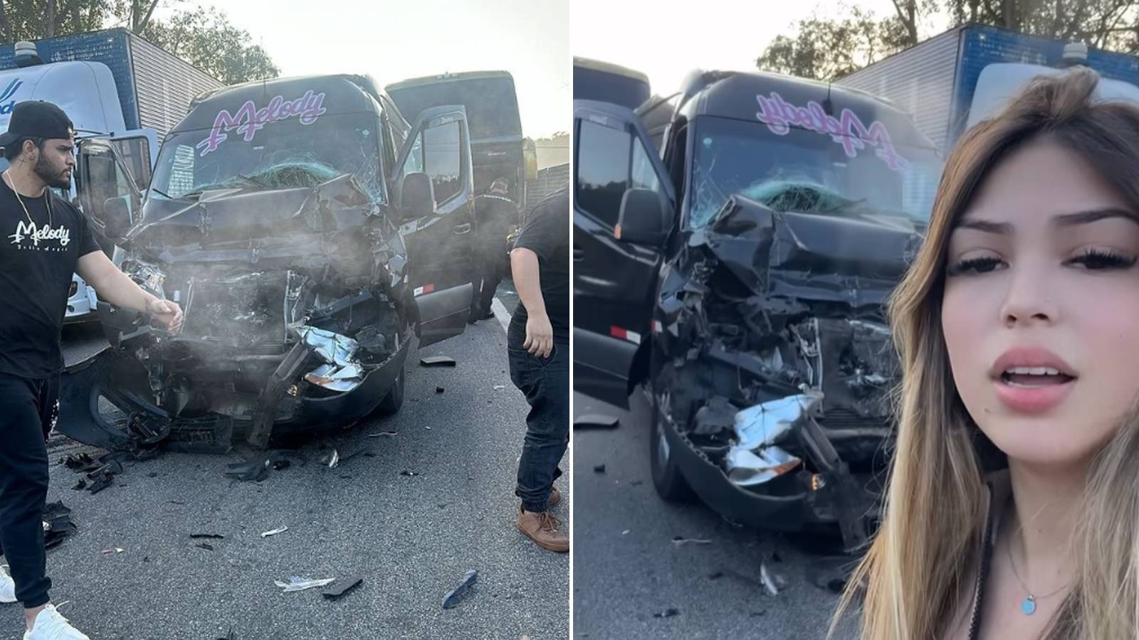 Cantora sofre acidente em estrada a caminho de show e van fica destruída