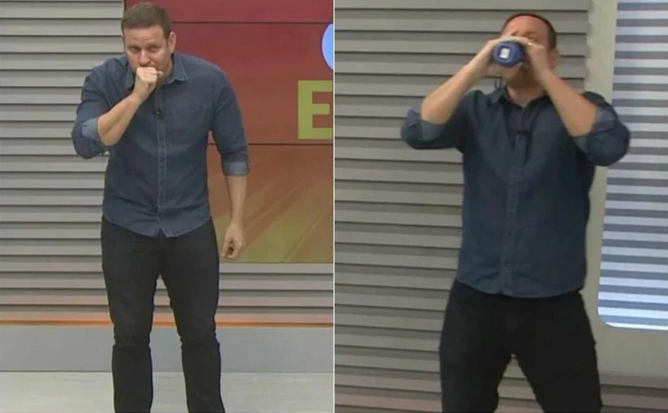[VÍDEO] Jornalista da Globo engasga ao vivo e se desespera: 'Deixa eu tomar água'