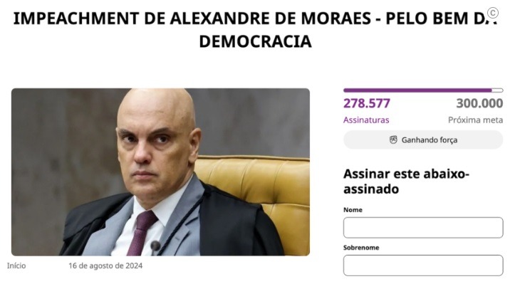 Petição pelo impeachment de Moraes chega a 278 mil assinaturas