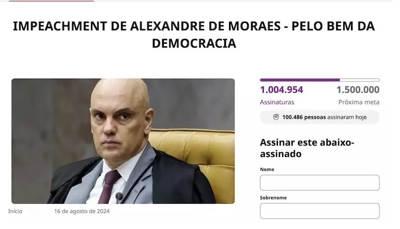 Impeachment de Moraes já passa de 1 milhão de assinaturas