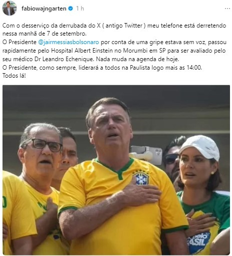 Após ser atendido em hospital, Bolsonaro tem presença confirmada em ato do 7 de Setembro na avenida Paulista