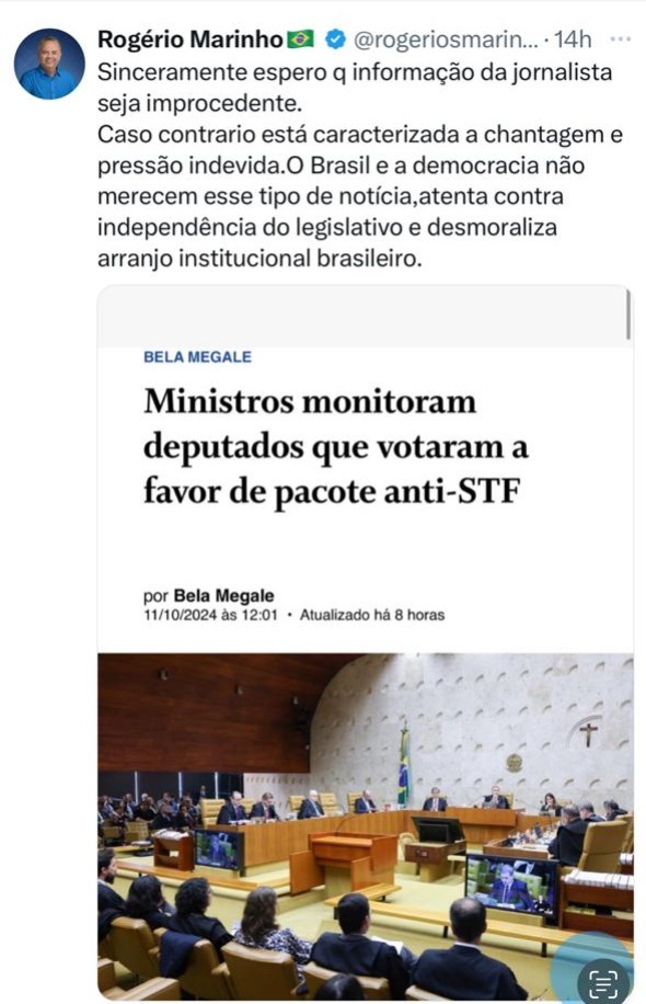 Rogério Marinho vê "chantagem e pressão indevida" do Supremo em pacote anti-STF