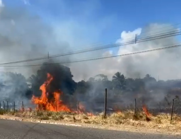 Incêndio em terreno na Rota do Sol atrapalha visibilidade dos motoristas