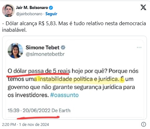 Bolsonaro resgata post de Tebet para provocar governo sobre dólar alto