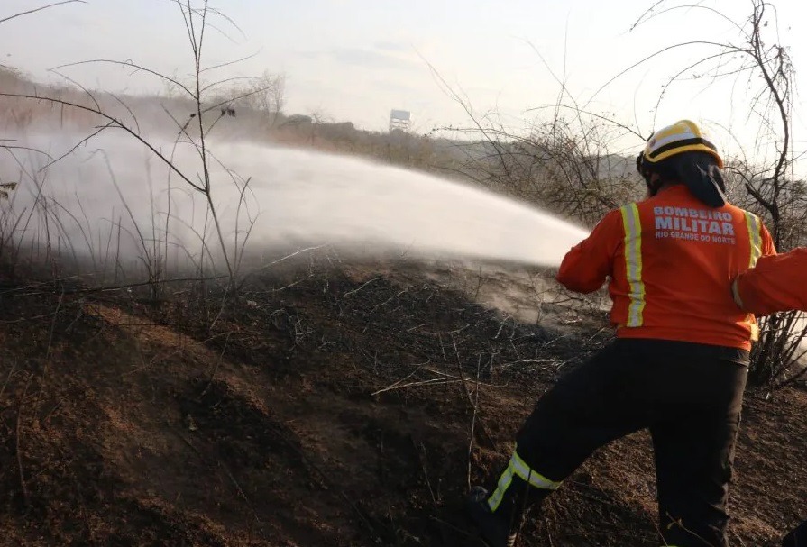 Corpo de Bombeiros combate incêndio em vegetação na rodovia Currais Novos-Acari