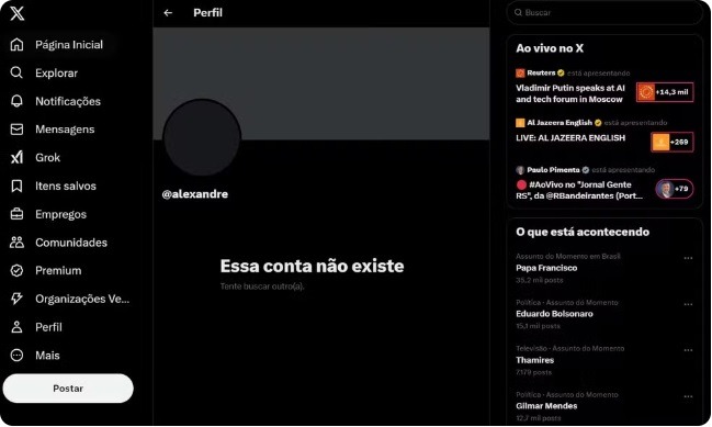 Conta oficial de Moraes é desativada na rede social X