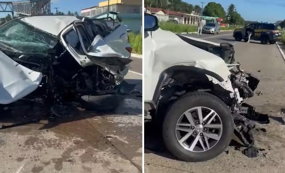 Carro fica destruído após bater em jumento e mureta na BR-101 no RN