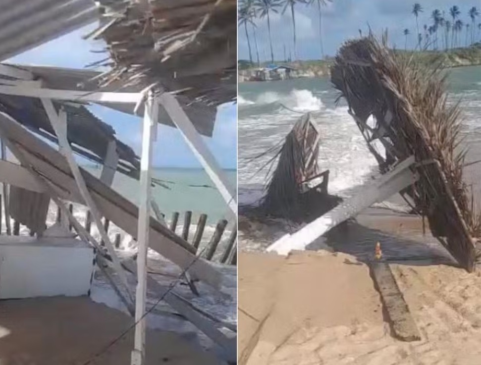 Mar avança e destrói barracas na orla de Barra de Maxaranguape, litoral do RN