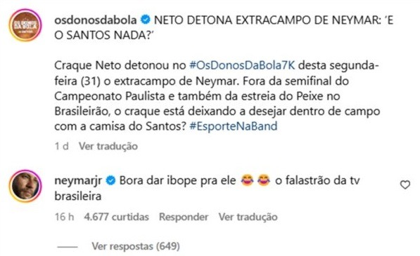 Neymar detona Neto após crítica: “Falastrão da TV brasileira”