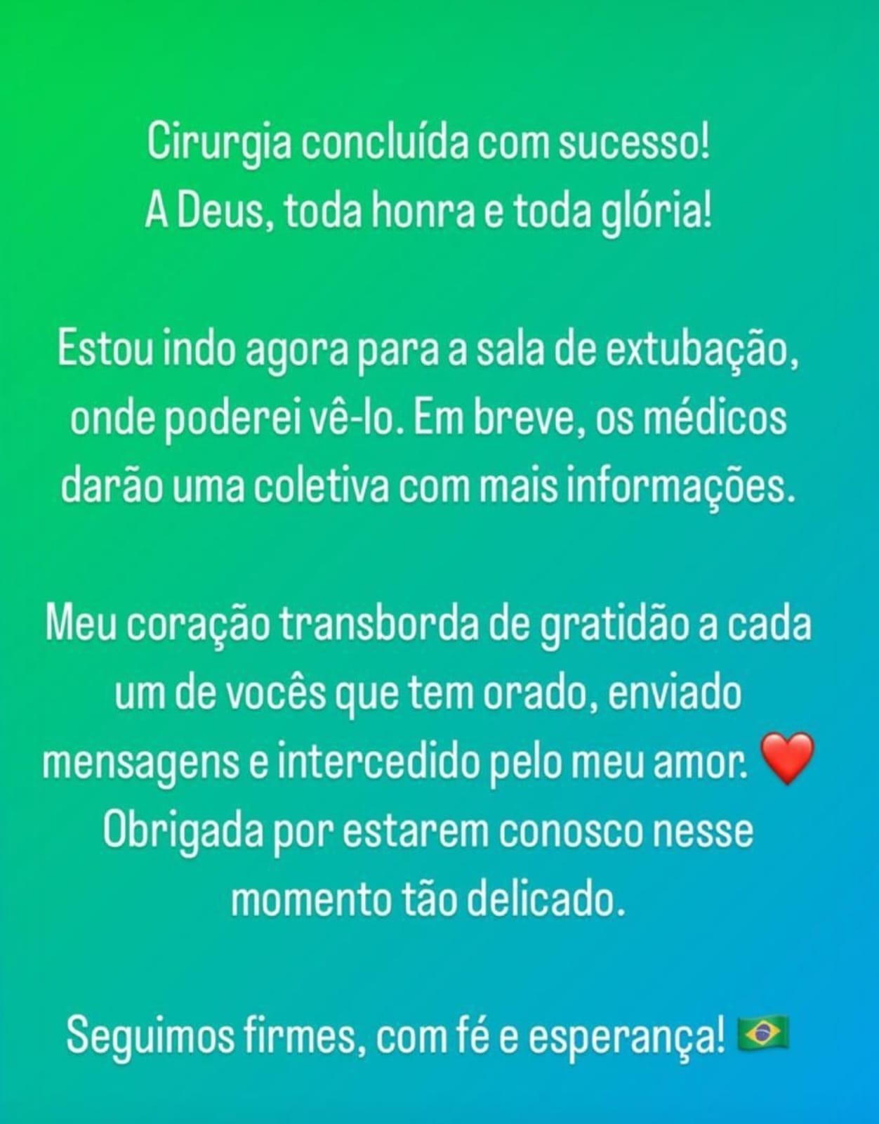 Michelle Bolsonaro comemora sucesso de cirurgia de Jair Bolsonaro e agradece apoio: “Meu coração transborda de gratidão”