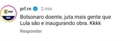 Perfil oficial da PRF afirma que Bolsonaro doente junta mais gente que Lula inaugurando obra
