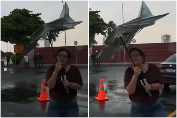 VÍDEO: Ventania destrói guarda-chuva de repórter da Globo ao vivo; assista