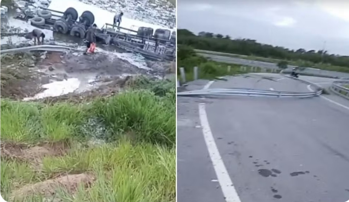 Carreta tomba e causa interdição de alça de acesso à BR-304 na Grande Natal