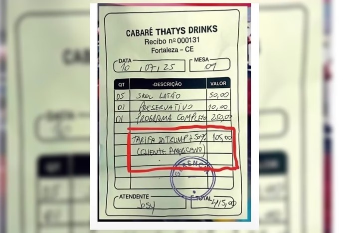 Recibo de cabaré cobra “tarifa do Trump” de americano e viraliza