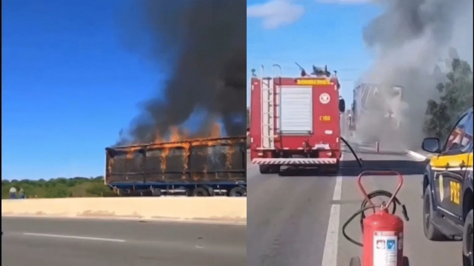 Carreta com 20 toneladas de papelão pega fogo na BR-304 em Mossoró