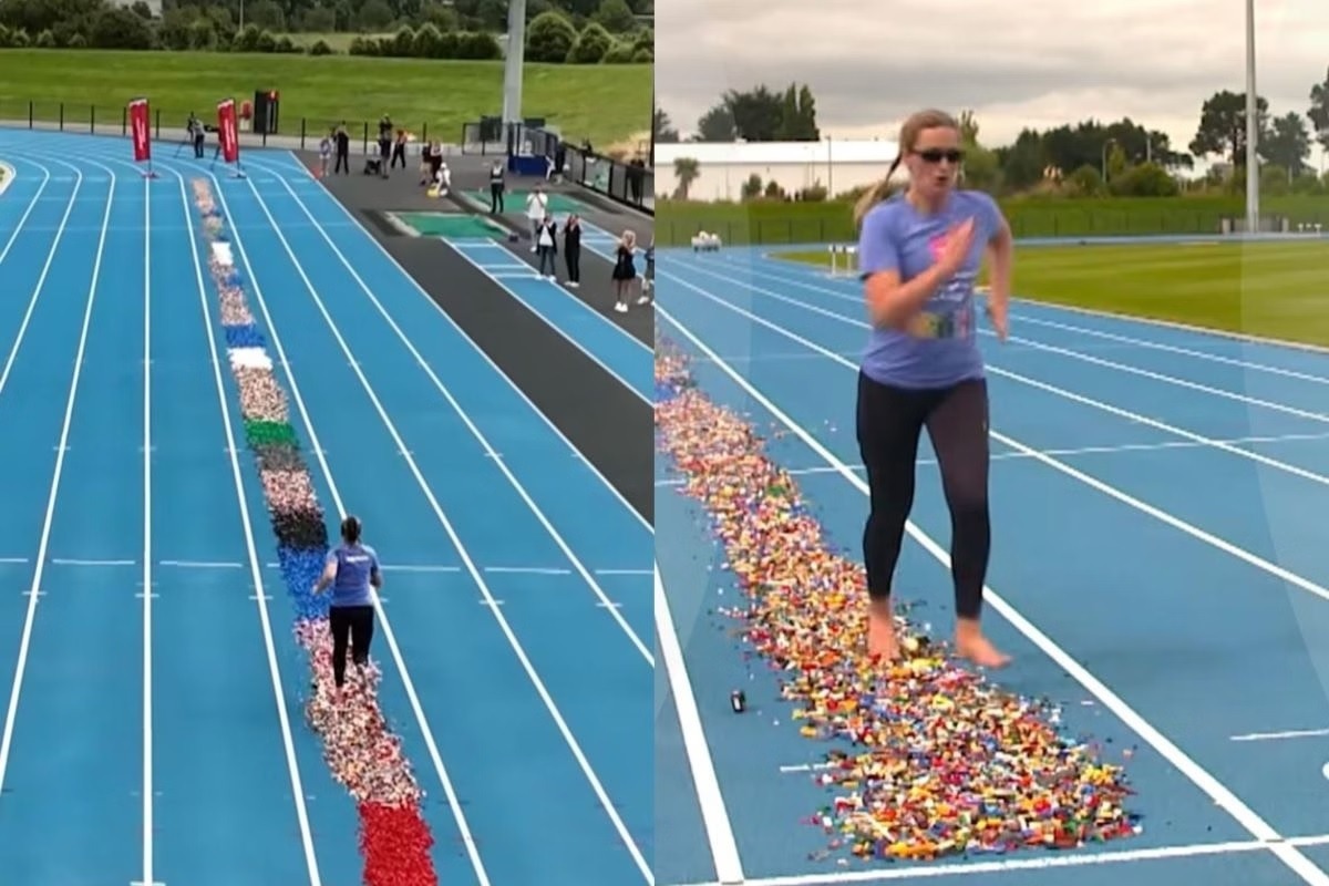 Mãe viraliza ao correr descalça por 100m cobertos de peças de Lego