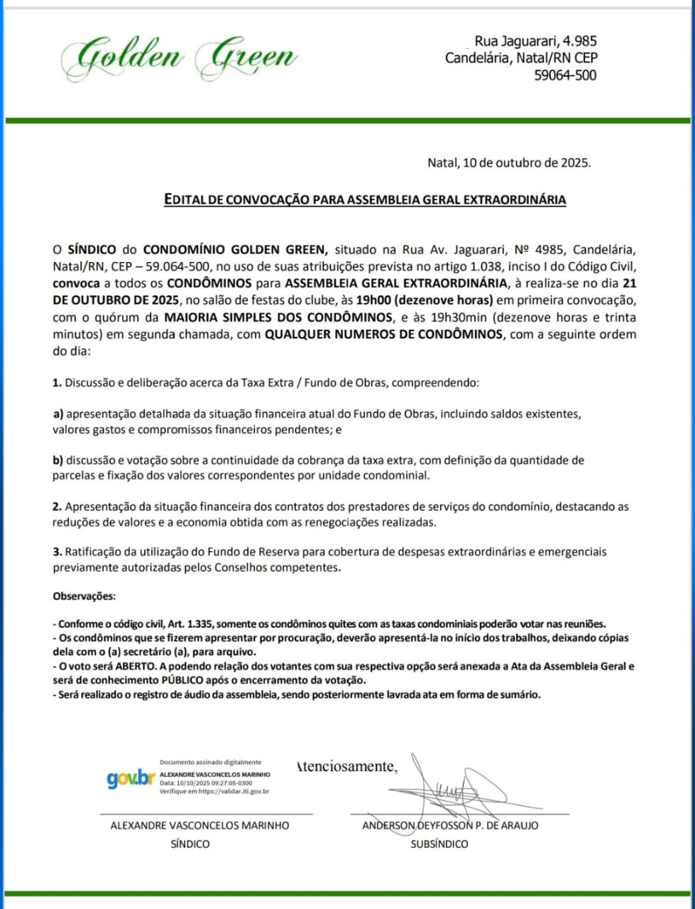 EDITAL DE CONVOCAÇÃO DO CONDOMÍNIO GOLDEN GREEN PARA ASSEMBLEIA EXTRAORDINÁRIA