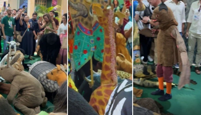 [VÍDEO] Constrangimento: COP-30 tem líderes mundiais ao lado de atores vestido de animais rastejantes