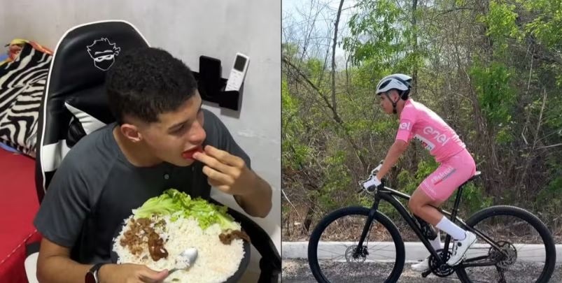 Ciclista viraliza por fazer refeições de até 2 kg em um balde
