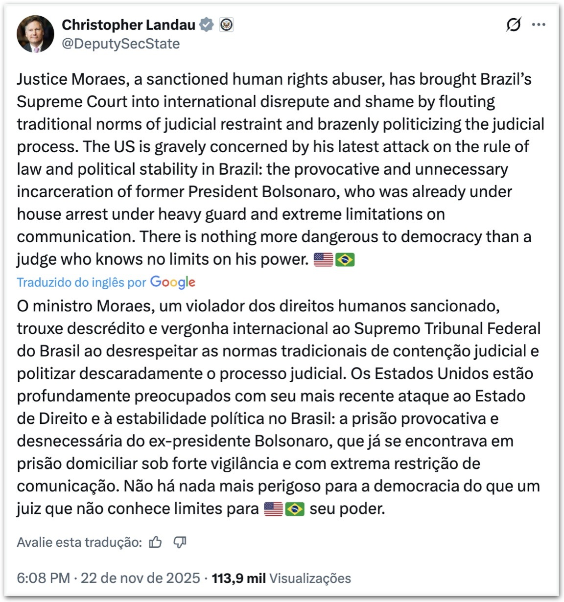 EUA detonam decisão do STF e chamam prisão de Bolsonaro de “provocativa e desnecessária”