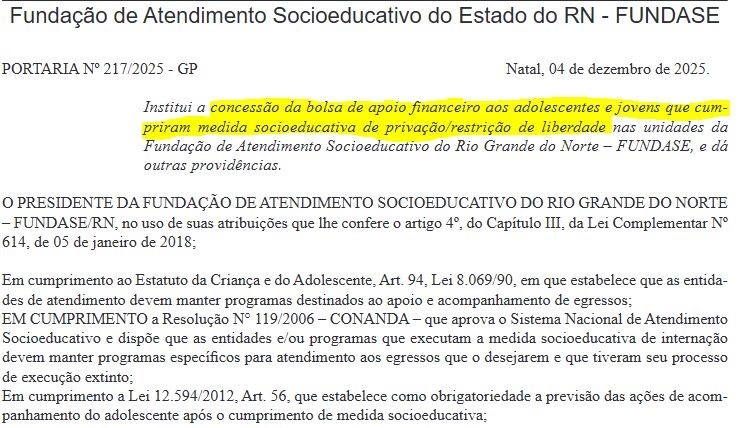 Jovens infratores do RN que cumpriram medida socioeducativa podem receber bolsa de até R$ 6 mil reais da FUNDASE