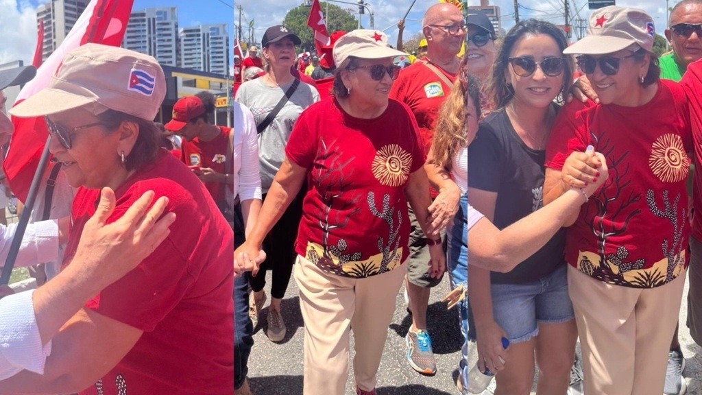 Fátima participa de ato contra Congresso em Mossoró usando boné com a bandeira de Cuba