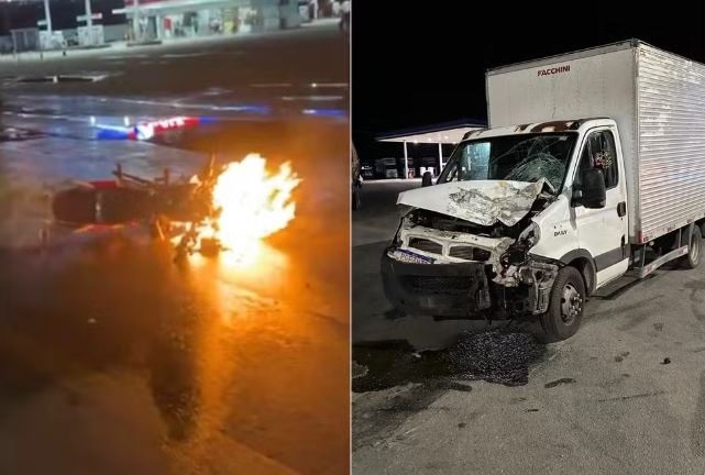 Idoso morre após moto que pilotava colidir de frente com caminhão-baú e pegar fogo, na entrada de Upanema