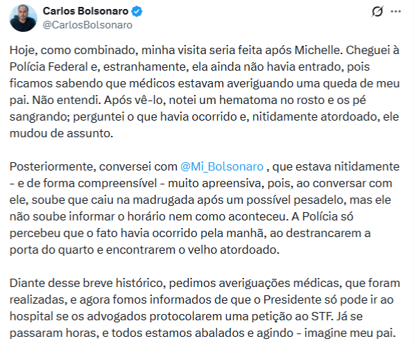 Carlos diz que encontrou Bolsonaro com “hematoma no rosto e os pés sangrando” durante visita ao pai na PF