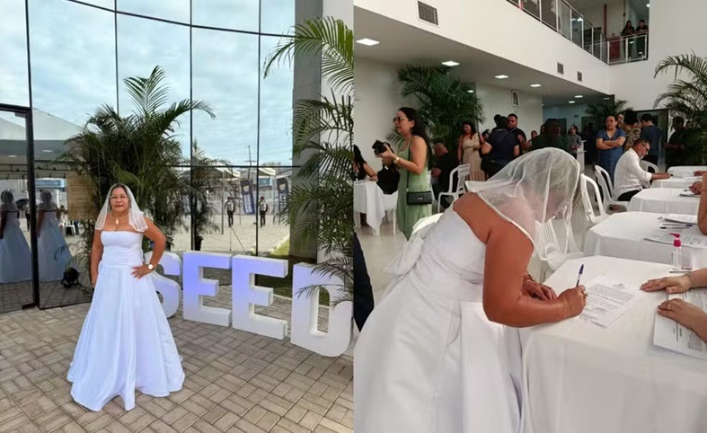 Professora usa vestido de noiva ao tomar posse em concurso: 'Casei com a educação'