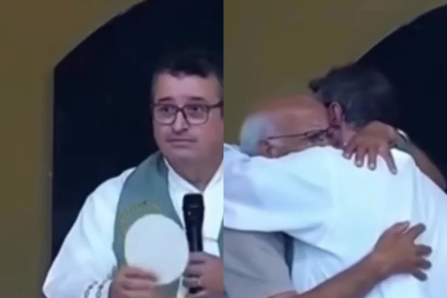[VÍDEO] Idoso chora e pede abraço a padre durante missa após perder neto