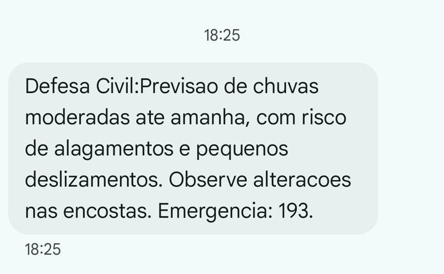 Você recebeu? Defesa Civil envia SMS de alerta com previsão de chuvas moderadas