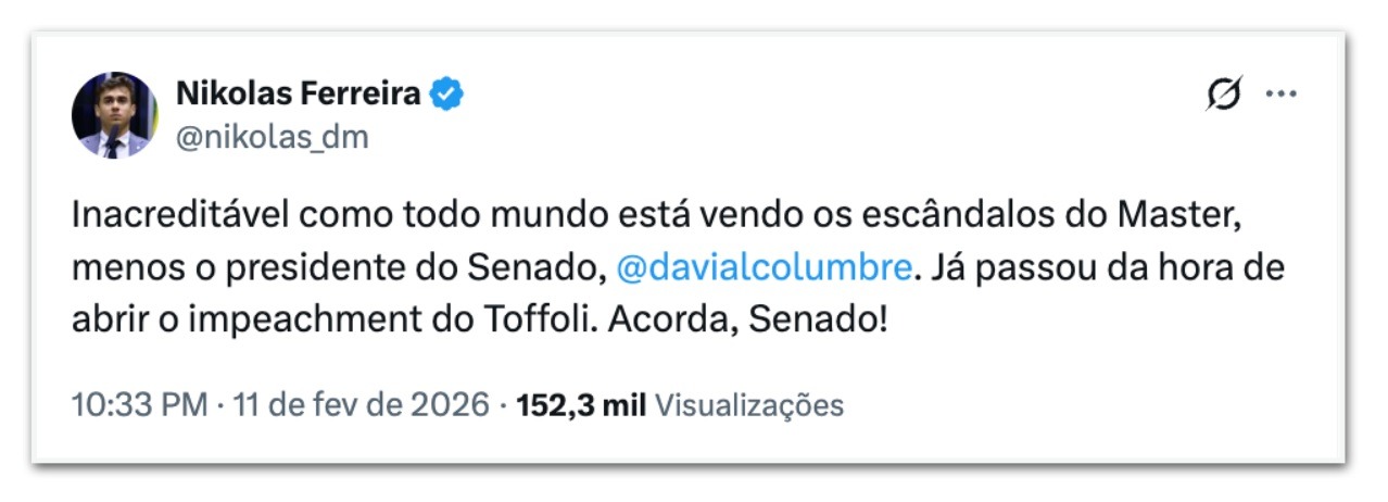 Nikolas crítica Alcolumbre e pede impeachment de Toffoli