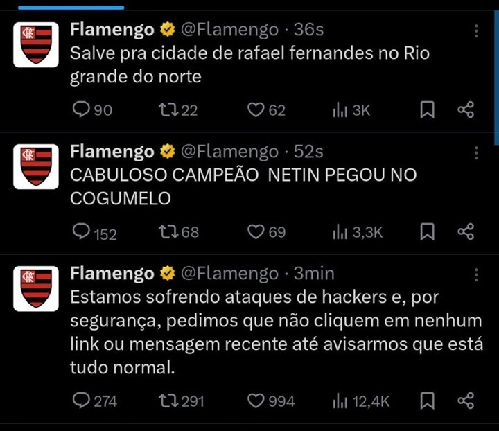 Hacker invade perfil do Flamengo e manda ‘alô’ para interior do RN
