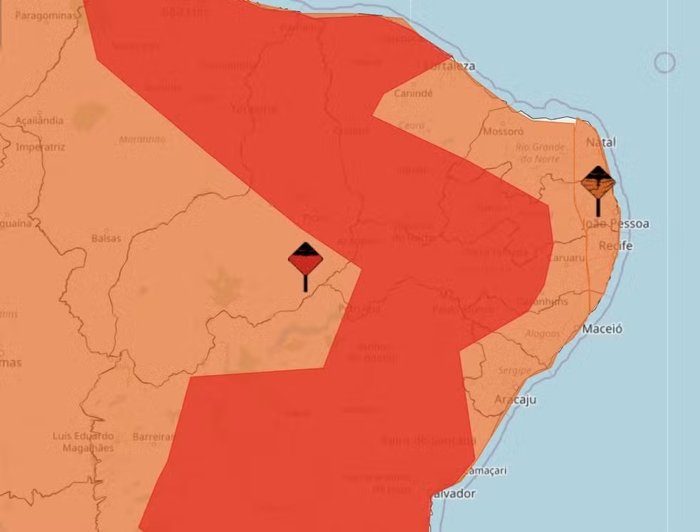 Inmet emite alertas vermelho e laranja de chuvas intensas para quase todo o RN