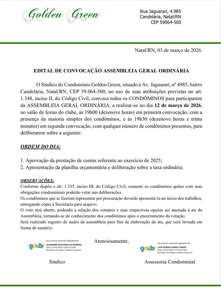 Golden Green convoca condôminos para Assembleia Geral Ordinária no dia 12 de março em Natal; veja edital