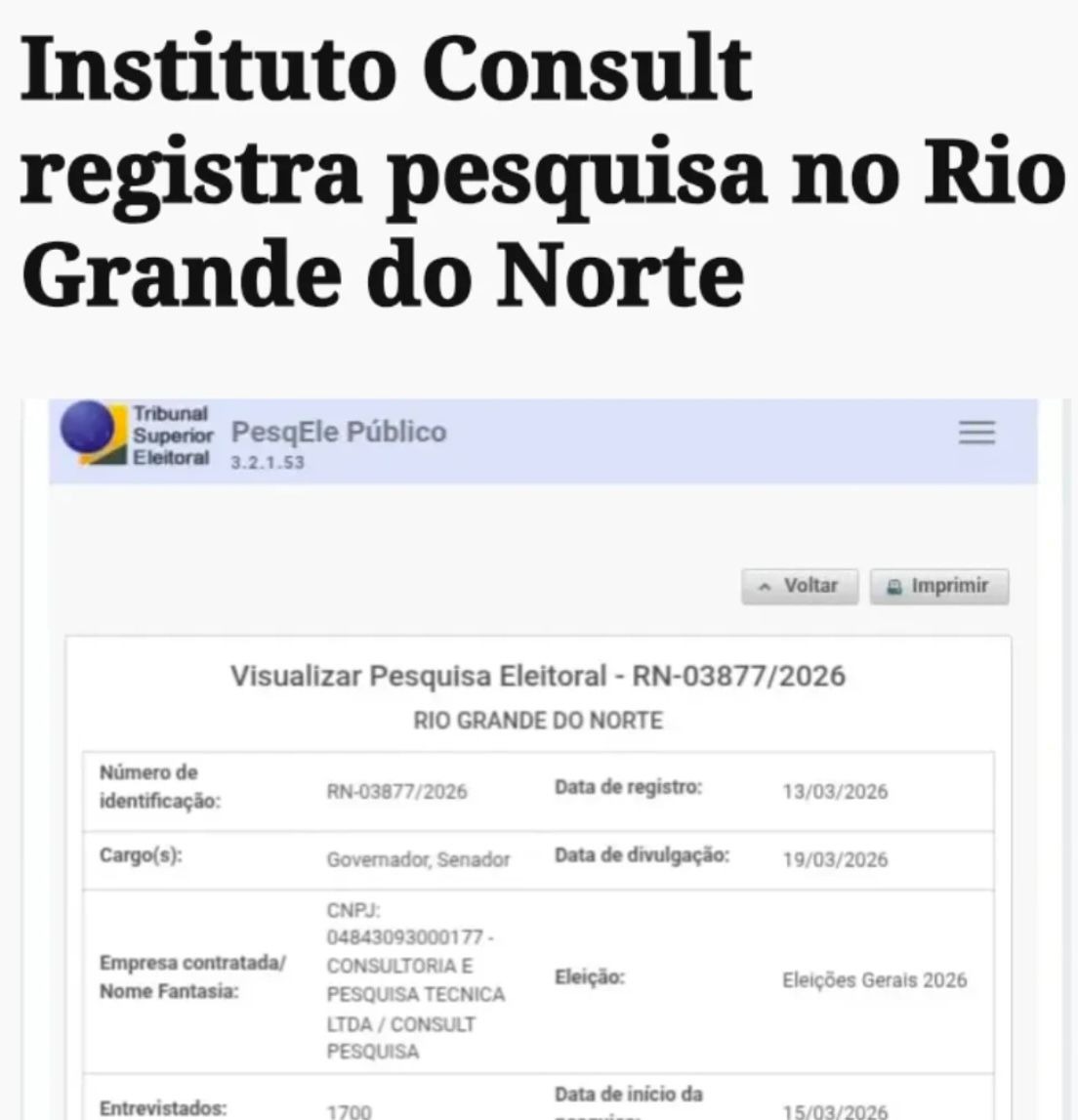 ATENÇÃO: Nova pesquisa Consult no RN com números do governo e senado