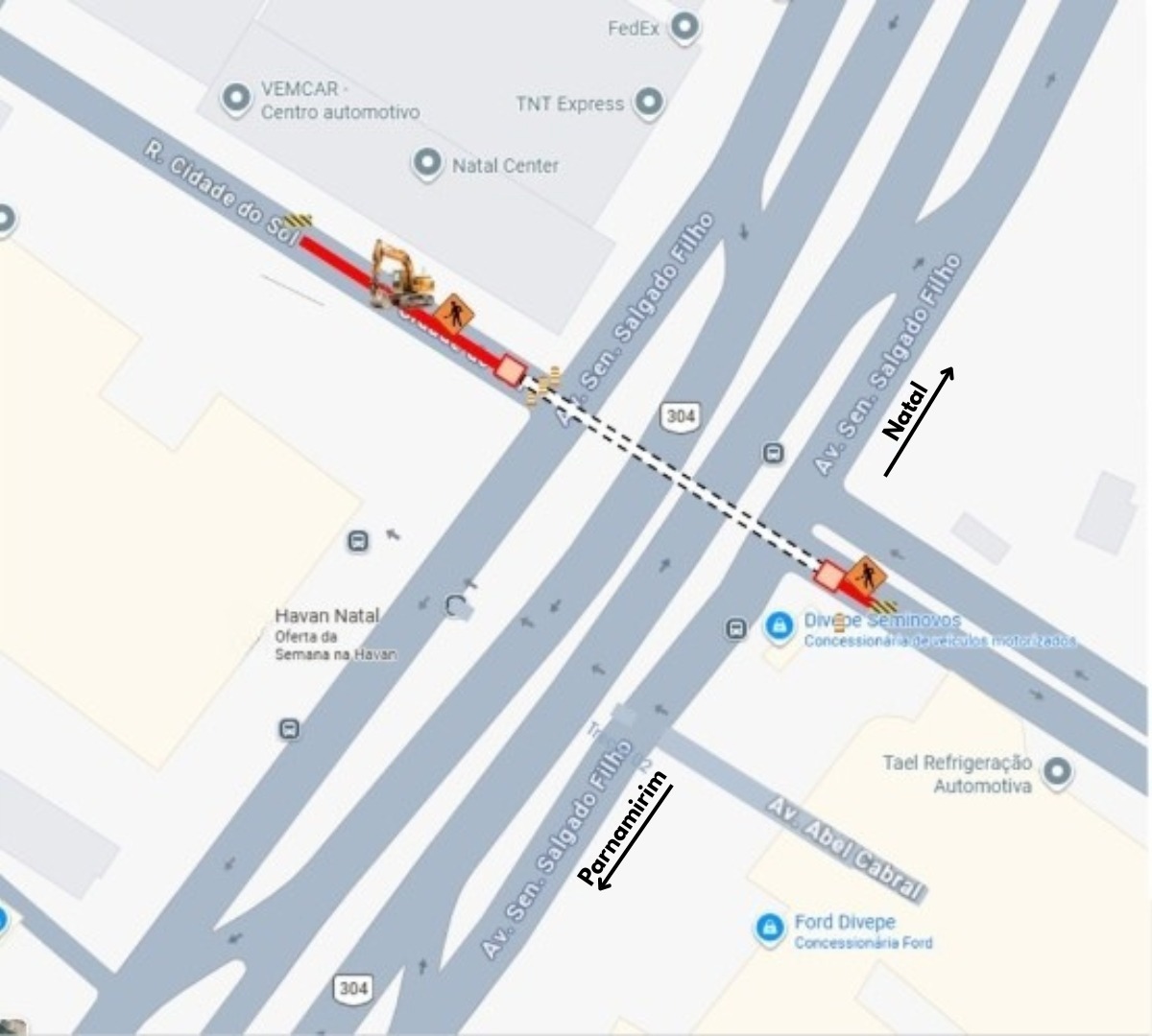 Obra da Caern afeta trânsito na zona Sul de Natal e em Nova Parnamirim na próxima segunda-feira (23)