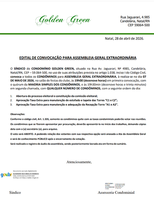 Golden Green convoca condôminos para Assembleia Geral Ordinária no dia 07 de maio em Natal; veja edital