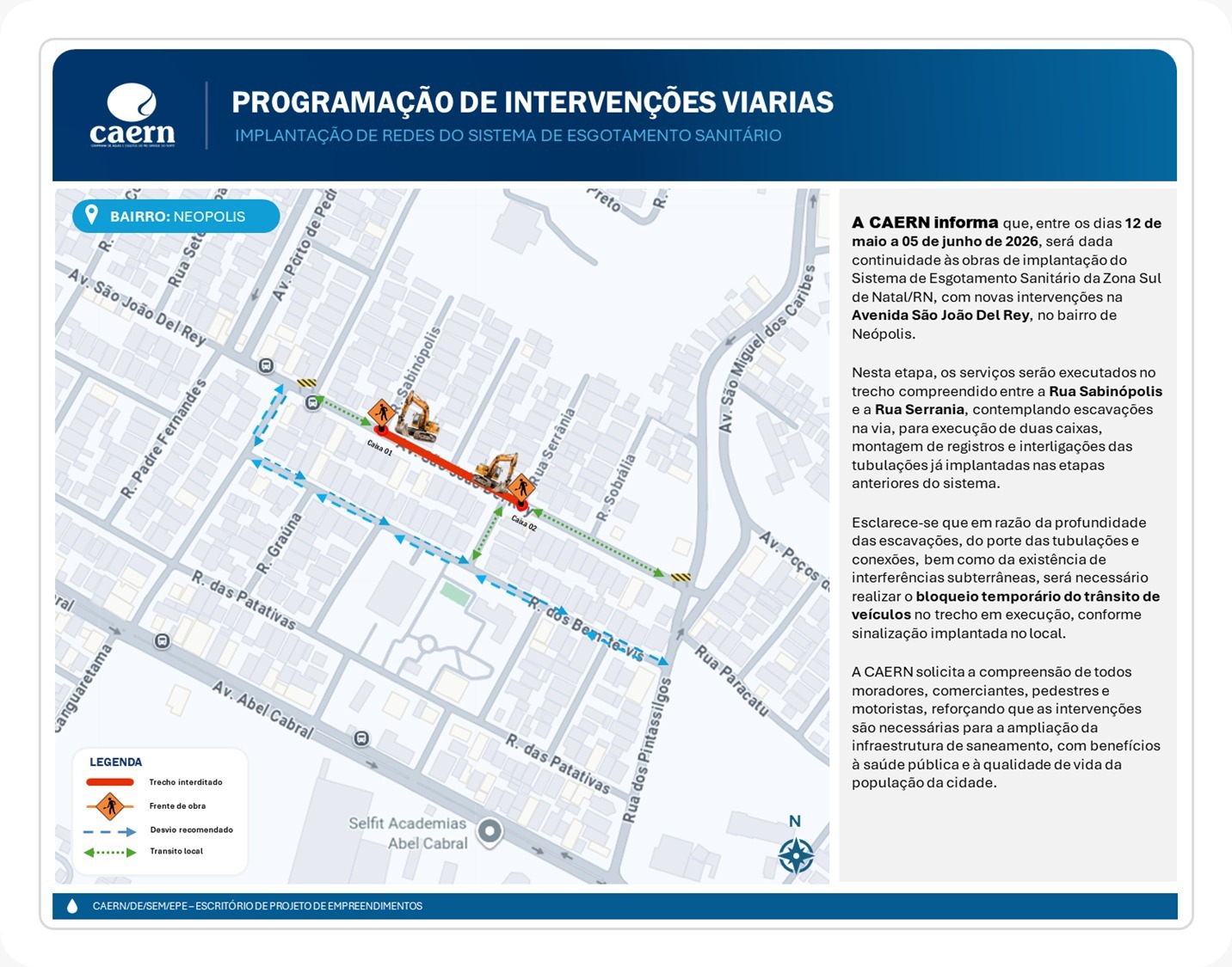 Obra de esgotamento sanitário interdita trecho de avenida na zona Sul de Natal na próxima terça-feira