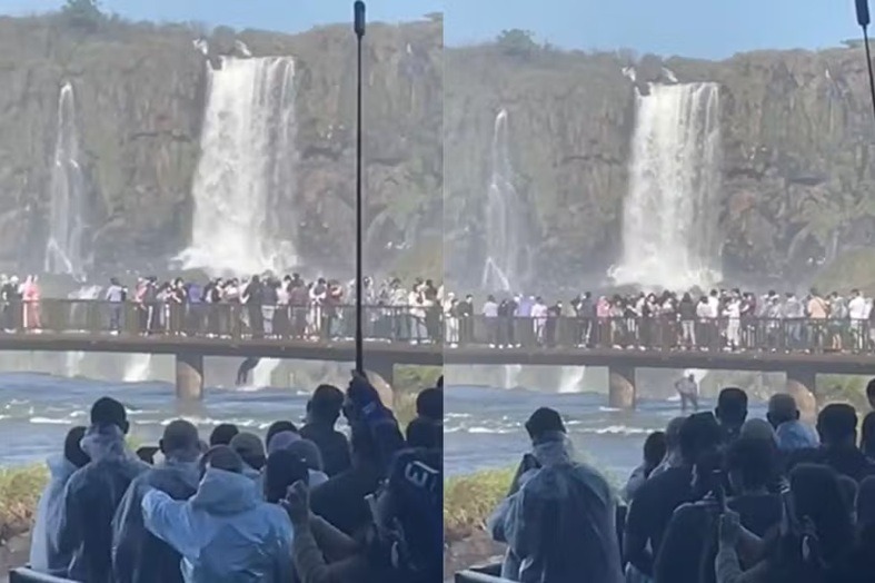 VÍDEO: turista se pendura em passarela e pula nas águas das Cataratas do Iguaçu para pegar celular