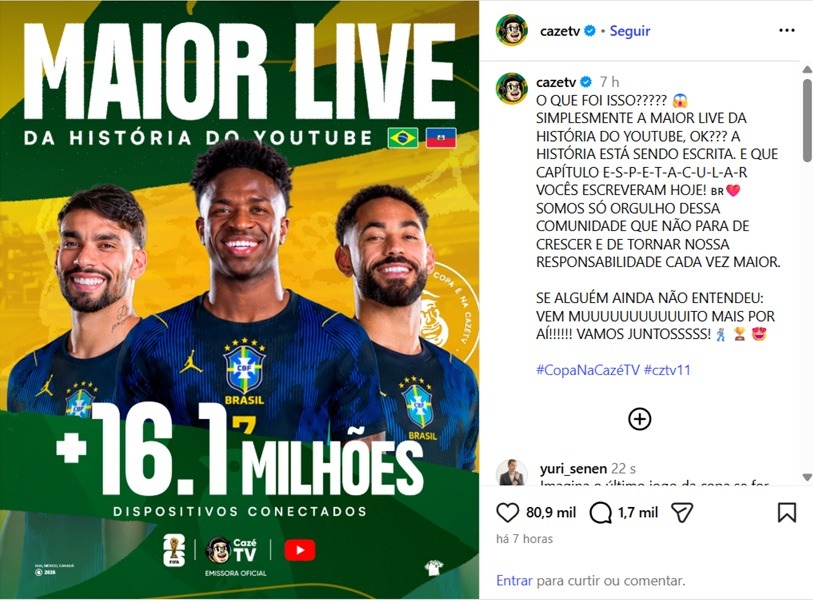 CazéTV bate recorde mundial de audiência no YouTube com Brasil x Haiti na Copa