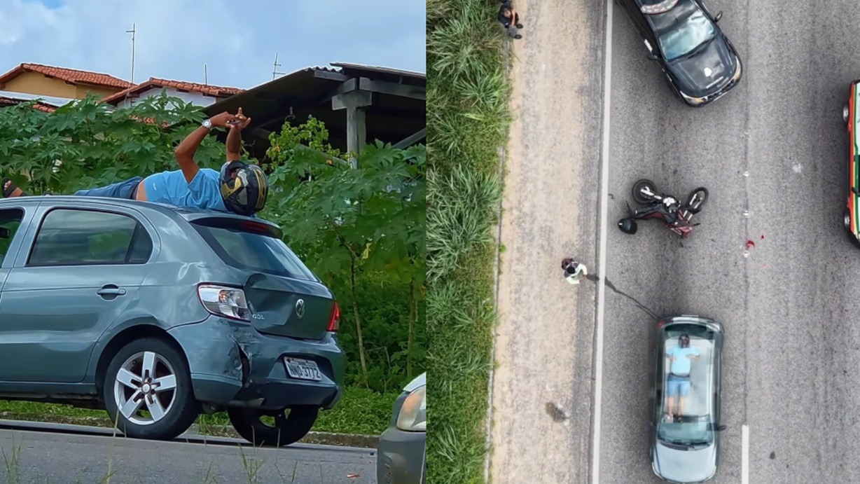 Vídeo mostra motociclista sobre teto de carro após colisão na BR-406, no RN; ASSISTA