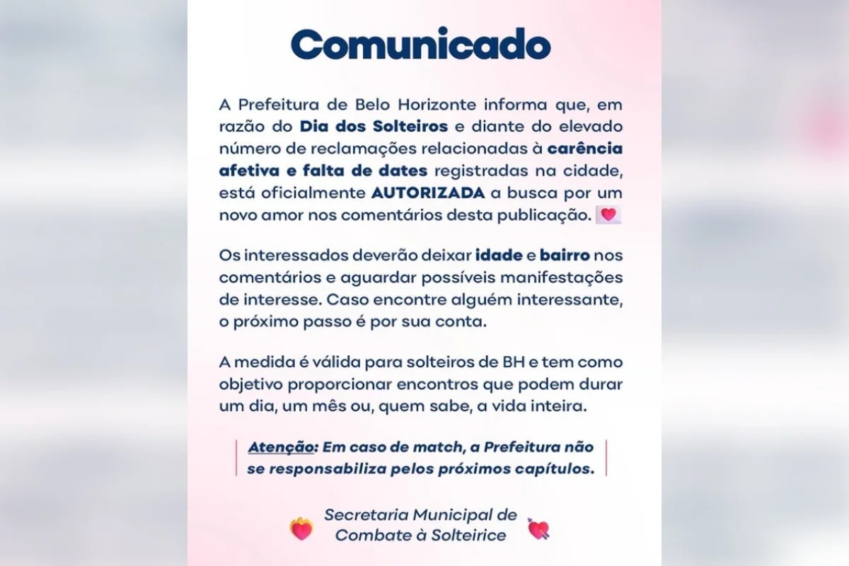Prefeitura vira "cupido" de solteiros: "Achar a tampa da panela"