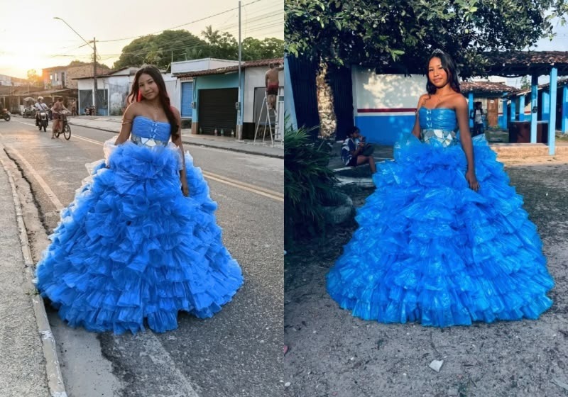 Garota desfila com vestido feito de sacolas plásticas em trabalho escolar e vídeo viraliza