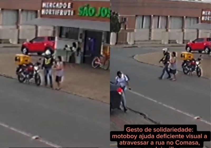 [VÍDEO] GENTILEZA: Motoboy para e ajuda pessoa com deficiência visual a atravessar rua