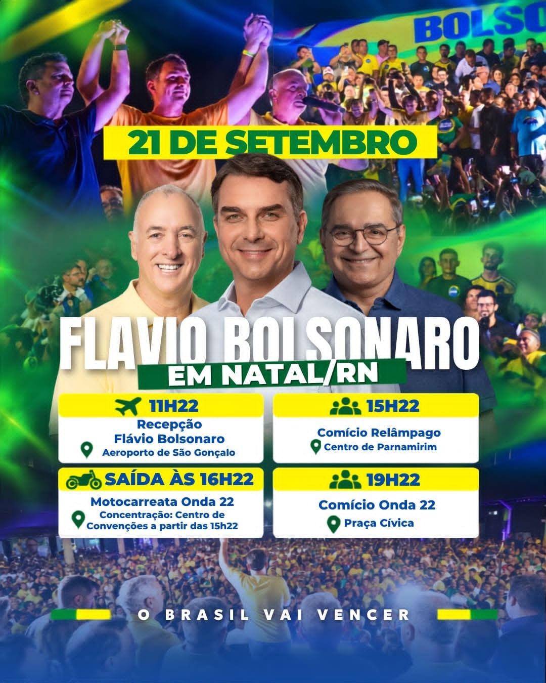 Flávio Bolsonaro cumpre agenda em Natal nesta segunda-feira (21) com comício e motocarreata